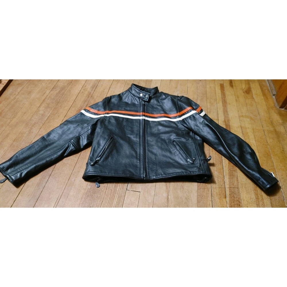 Vintage Y2K Men's Black Striped Heavy Duty Leather Rider Jacket Size Large - Picture 2 of 9